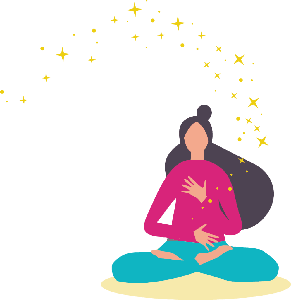 Illustration PSYCH-K® : une femme assise en tailleur, les mains posées sur la poitrine et le ventre