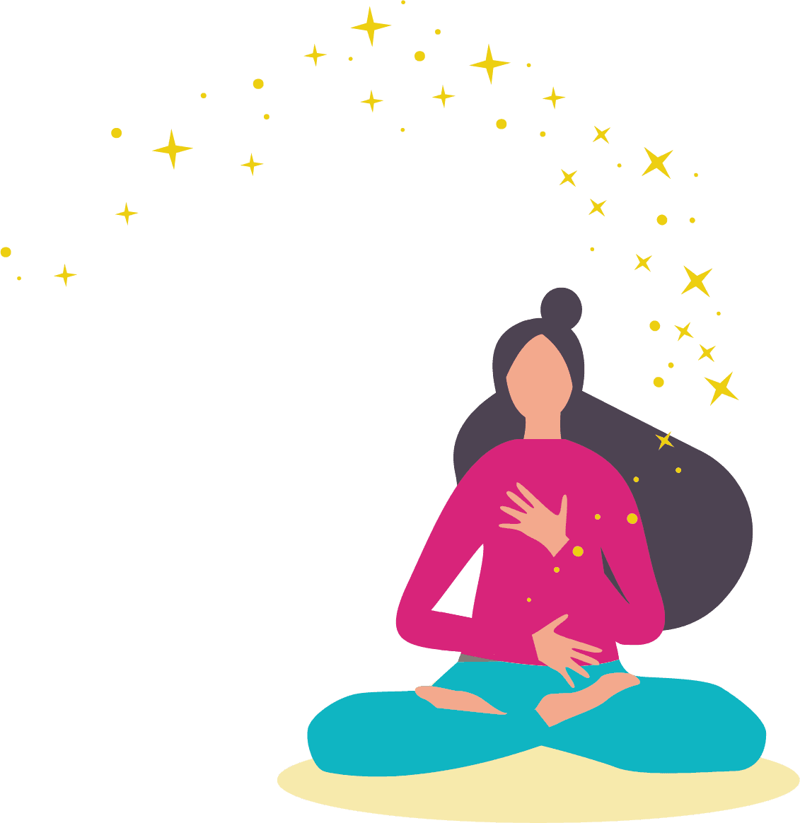 Illustration PSYCH-K® : une femme assise en tailleur, les mains posées sur la poitrine et le ventre