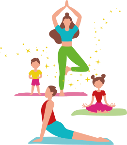 Illustration de cours de yoga pour adultes et enfants : postures de l'arbre, du cobra et de méditation