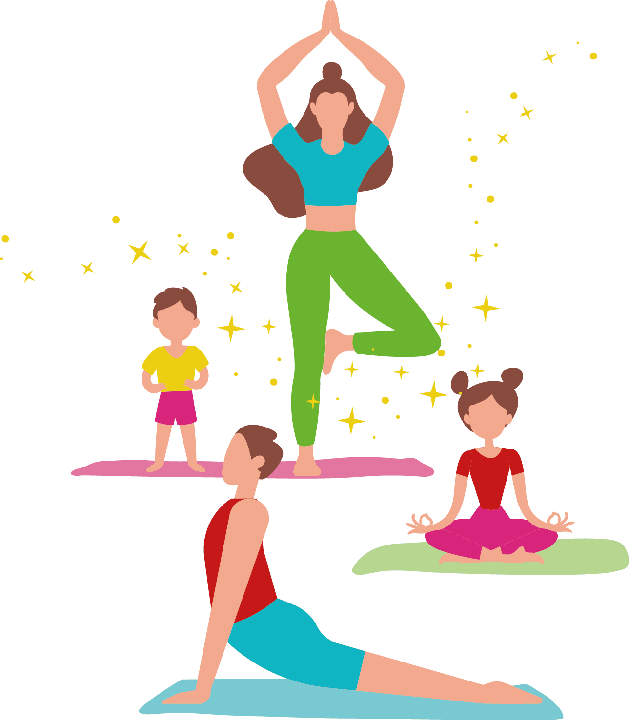 Illustration de cours de yoga pour adultes et enfants : postures de l'arbre, du cobra et de méditation