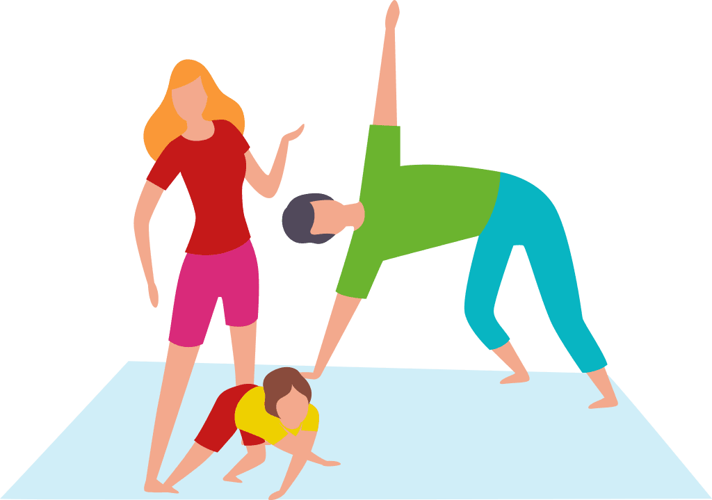 Illustration de yoga parent-enfant : un adulte et des enfants en postures de yoga