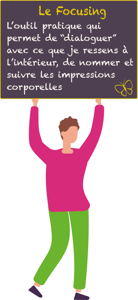 Personnage tenant une pancarte : « Le Focusing : l'outil pratique qui permet de "dialoguer" avec ce que je ressens à l'intérieur, de nommer et suivre les impressions corporelles »
