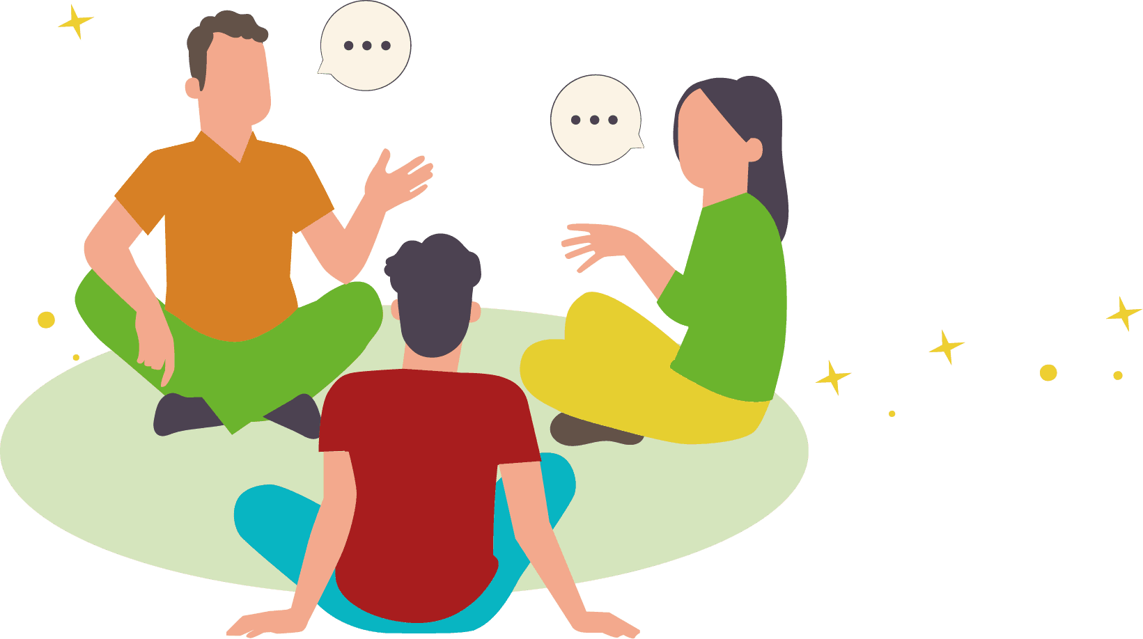 Illustration d'un atelier de Focusing en groupe près de Tournus : trois personnes assises en cercle qui échangent