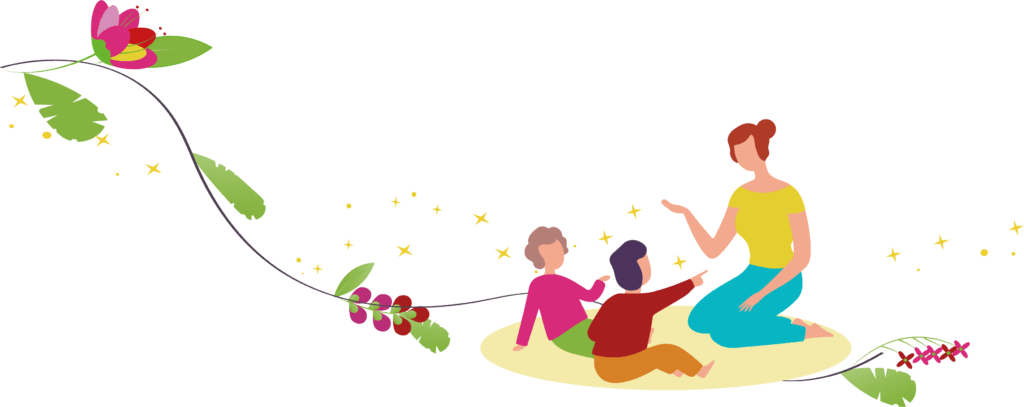 Illustration d'une séance enfant : une accompagnante assise à l'écoute de deux enfants